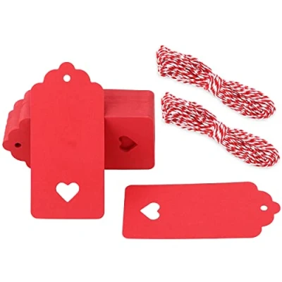 Afbeelding van G2PLUS 100 stuks cadeauhangers, rood, 4,5 x 9,5 cm, kraftpapier, labels, 300 g/m², etiketten hart met koord voor bruiloft, geschenken om te knutselen