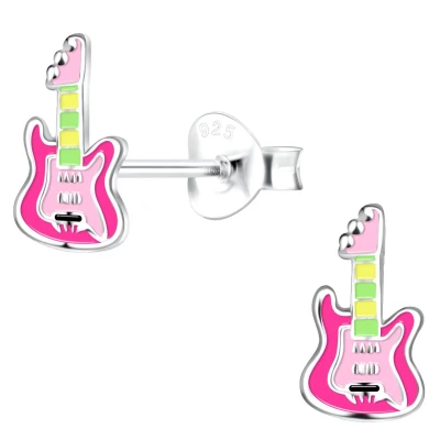 Afbeelding van JoyS Zilveren gitaar oorbellen 5 x 9 mm roze kinderoorbellen