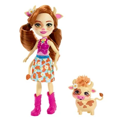 Afbeelding van Enchantimals Cailey Koe en haar vriendje Curdle ; pop van 15 cm met lang bruin in staartjes, dierenoortjes staart, rok laarzen (kunnen uit), leuk cadeau voor kinderen 3 8 jaar​