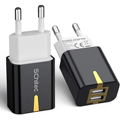 Afbeelding van SCHITEC USB oplader, 5 V/2,1 A, 2 poorten, universele wandoplader, compatibel met iPhone 11, XS/XR, Huawei P20, Samsung Galaxy Note S9 Tablet en Plus (zwart, stuks)