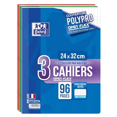 Afbeelding van OXFORD Set van 3 notitieboeken, 24 x 32 cm, grote ruitjes, Seyès 96 pagina&#039;s, polypropyleen, OpenFlex 90 g, verschillende kleuren