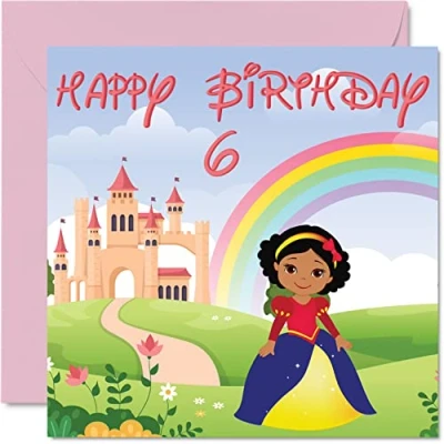 Afbeelding van 6e verjaardagskaart meisje prinses kasteel gelukkige 6 jaar oud meisje, meisjes zes zesde verjaardagskaarten voor haar, 145 mm x wenskaart dochter nichtje kleindochter