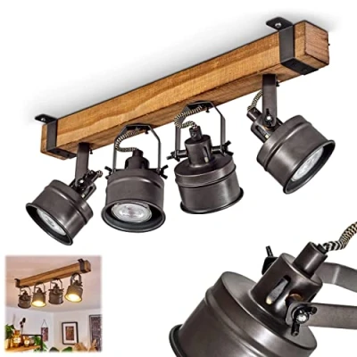 Afbeelding van plafondlamp Pehefito, in vintage design metaal/hout zwart/bruin, retro lamp met houten balken en verstelbare spots, 4 lampen, x GU10 fitting, zonder gloeilampen