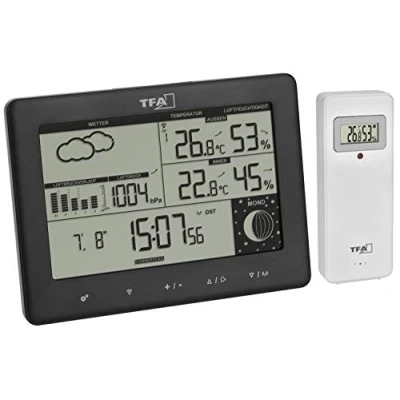 Afbeelding van TFA Dostmann draadloze weerstation ELEMENTS, 35.1158.01, voor binnenklimaatcontrole, weersvoorspelling en luchtdruk, zendergestuurde tijd, achtergrondverlichting, zwart, (L) 158 x (B) 26 (H) 119 mm
