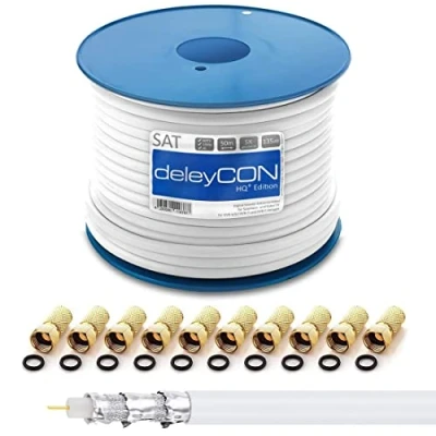 Afbeelding van deleyCON HQ+ 50m SAT Coaxiale Kabel 135dB 5 Voudig Afgeschermd voor DVB S S2 T en C 4K 1080p Full HD HDTV Incl. 10x Vergulde F Stekkers