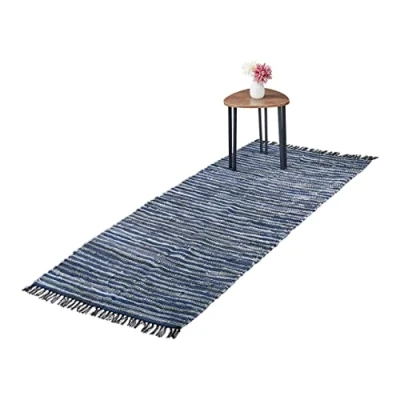 Afbeelding van Relaxdays vloerkleed leder en katoen tapijt antislip chill mat lappen franjes Blauw, 80x200cm
