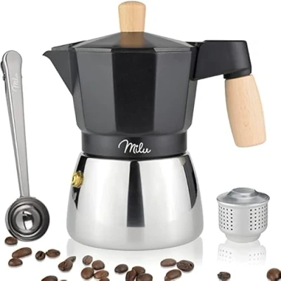 Afbeelding van Milu espressomachine, geschikt voor inductie, 3, 6, 9 kopjes, aluminium/roestvrij staal, mokkakan, espressomaker incl. lepel, borstel (zwart, 3 kopjes (150 ml)