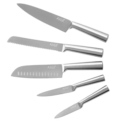 Afbeelding van Axer keukenmessenset 5 roestvrijstalen messen uit één stuk met ultrascherp lemmet en ergonomisch handvat inclusief Santoku brood , piment koksmes zilver