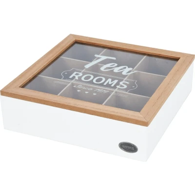 Afbeelding van Excellent Houseware Theedoos 9 vaks wit/bruin hout 24 x 7 cm theekist Theedozen