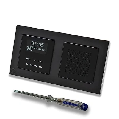 Afbeelding van Merten MEG4375 0303 inbouwradio DAB+ en Bluetooth radio met luidspreker in zwart glanzend, stijlvol afgestemd een M Pure mat frame, incl. EBROM fasector voor montage van de apparaten