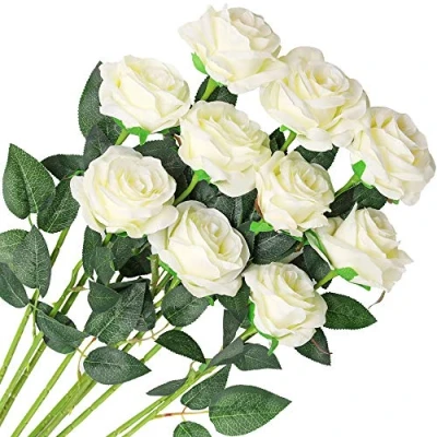 Afbeelding van Veryhome 10 stuks kunstrozen, zijden bloemen, kunstboeketten voor de decoratie van bruiloft, huis, feest, verjaardag, tuindecoratie (wit, bloeiende rozen)