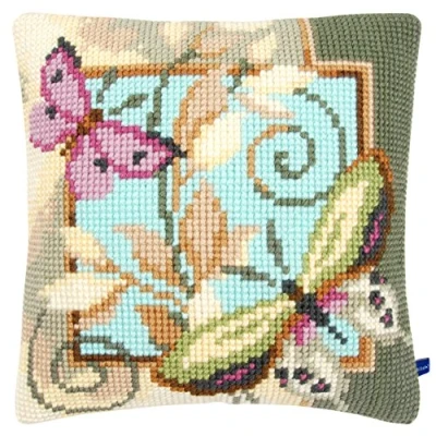 Afbeelding van Vervaco kruissteekkussen 2 vlinders kruisstikverpakking voorgedrukt, stram, wit, 40 x 0,3 cm