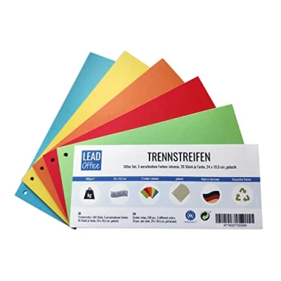 Afbeelding van Scheidingsstroken, 100 stuks, 5 kleuren: intensief, 20 stuks per kleur, 24 x 10,5 cm, geperforeerd, 180 g/m², voor het sorteren en scheiden van documenten tot DIN A4 formaat
