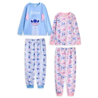 Afbeelding van Disney Lilo &amp; Stitch meisjespyjamaset, set van 2 Nachtkleding voor kinderen in blauw en roze met stiksels engelenprint all over print Karaktervolle kindertop lange mouwen pyjamabroek