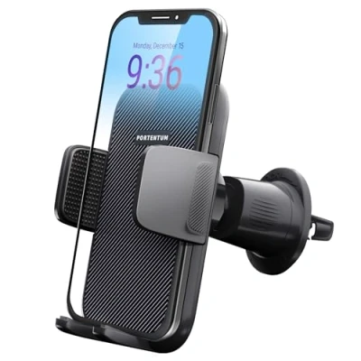 Afbeelding van PORTENTUM telefoonhouder voor in de auto, 360 graden draaibaar, verbeterde haakclip en ontgrendelingsfunctie met één knop, superstabiele autotelefoonhouder compatibel