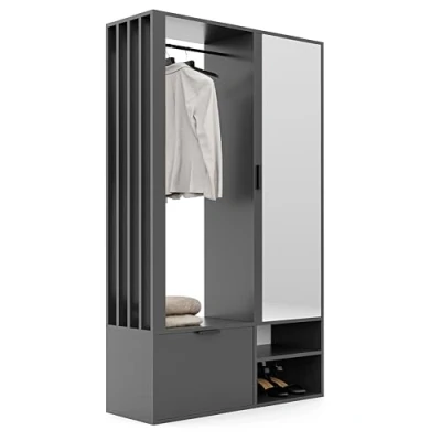 Afbeelding van GREKPOL Rechts/Links Gang Garderobe met Spiegel (7 planken) haken inbegrepen 100 x 33 190 cm kapstok en schoenen grafiet