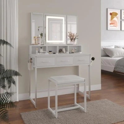 Afbeelding van Vicco Kaptafel Mavida, Wit, 90 cm met spiegel LED en kruk