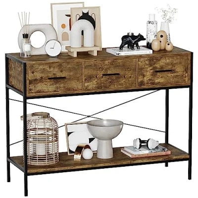 Afbeelding van Vida Designs Brooklyn Console Tafel Hal Woonkamer Rustieke Plank Industriële Opbergmeubels (Donker Hout, 3 Lade)