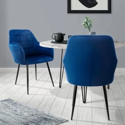 Afbeelding van ECD Germany set van 2 eetkamerstoelen met rugleuning en armleuningen, donkerblauw, keukenstoelen fluwelen bekleding metalen poten, ergonomische stoelen voor eettafel, woonkamerstoelen