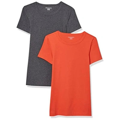 Afbeelding van Amazon Essentials Women&#039;s T shirt met korte mouwen en ronde hals in slanke pasvorm, Pack of 2, Houtskoolzwart/Tomatenrood, S
