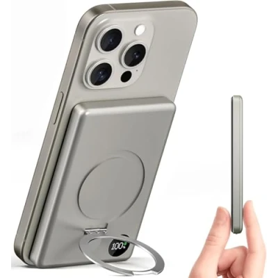 Afbeelding van KUULAA Powerbank 10.000 mAh, draagbare oplader, magnetisch, draadloos, met LED display, 20 W, PD, snel opladen, externe accu voor iPhone 15 14 13 12 Pro Max (titanium)