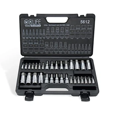 Afbeelding van CCLIFE Zeskantige set 32 delige metrische en SAE bitsockets 1/4&#039;&#039; 3/8&#039;&#039; 1/2 voor momentsleutel boor S2 legeringsstaal