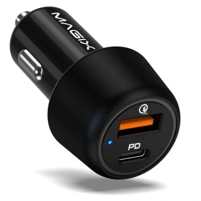 Afbeelding van Magix Autolader 38W Dual Port USB A QC 3.0 (18W) + C PD (20W), gelijktijdig opladen Quick Charge en Power Delivery apparaten (zwart)