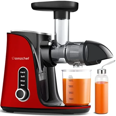 Afbeelding van AMZCHEF Sapcentrifuge voor groenten en fruit, met 2 snelheidsmodi, slow juicer draagbare fles kopjes, BPA vrije koude persjuicer intelligente led omkeerfunctie, rood