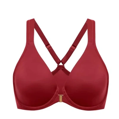 Afbeelding van Delimira Dames Front Fastening Bras Naadloze Unlined Racer Back Plus Size Beugel Plunge BH, Rode feestvreugde, 90E