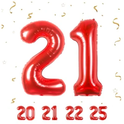 Afbeelding van Ballonnen verjaardag 21 jaar rood 101 cm verjaardagsdecoratie voor een man vrouw opblaasbaar cijfer folie beige