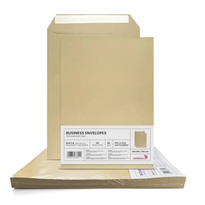 Afbeelding van Netuno 50 bruine C4 enveloppen 229x324mm rechte klep drukgevoelig zonder venster 90g zakelijke voor facturen folders belastingaangiften brochures
