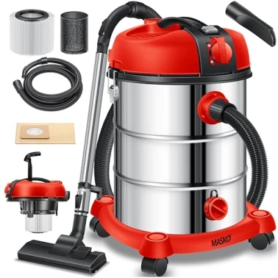 Afbeelding van MASKO® industriële stofzuiger nat droog roestvrij staal 2300W + stopcontact blaasfunctie en zuigen Push&amp;Clean met zonder zak zakloos Geel