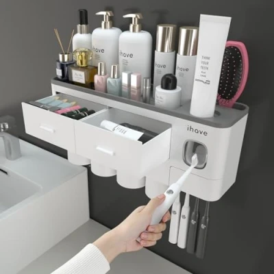 Afbeelding van iHave Tandenborstelhouders voor badkamer, 4 kopjes tandenborstelhouder wandmontage met tandpasta dispenser lade grote capaciteit, 2 cosmetische laden badkameropslag en organisatie