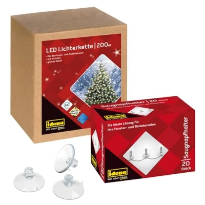 Afbeelding van Idena 90214 LED feeënverlichting met 200 LED&#039;s in goudgeel timer, 29,9 m, incl. 20 zuignappen sleuf voor bevestiging, buiten &amp; binnen, feestdecoratie en kerstmis