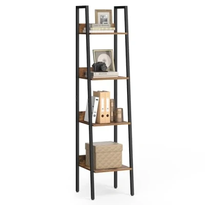 Afbeelding van VASAGLE Ladderplank, 4 traps boekenplank voor thuiskantoor, vrijstaande opbergplanken, woonkamer, keuken, stalen frame, eenvoudig te monteren, industrieel, rustiek bruin en zwart LLS108B01