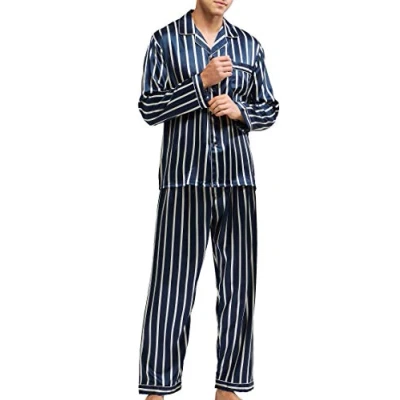 Afbeelding van Satijnen pyjama voor heren, nachtkleding, loungewear, Blauw en Beige Gestreept, XXL