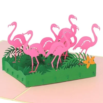Afbeelding van LIN 17535, pop up 3D kaarten dieren, kaart natuur, verjaardag, verjaardagskaart, wenskaarten voucher dierentuin, uitklapbare verjaardagskaart eerste schooldag, Flamingo, N289