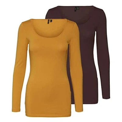 Afbeelding van VERO MODA Damesblouse met lange mouwen, verpakking van 2 stuks, geel/bruin (1x Chai Tea/1x Coffee Bean), M