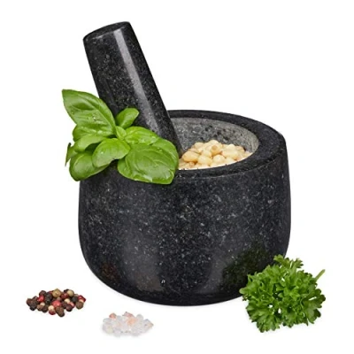 Afbeelding van Relaxdays vijzel en stamper rond kruiden mortier graniet 12 cm 300 ml