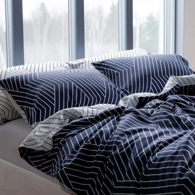Afbeelding van Leruum® Oslo dekbedovertrek beddengoed set 100% katoen omkeerbaar gestreept dekbedovertrekset, Donker marineblauw, (200x200 +2(65x65))