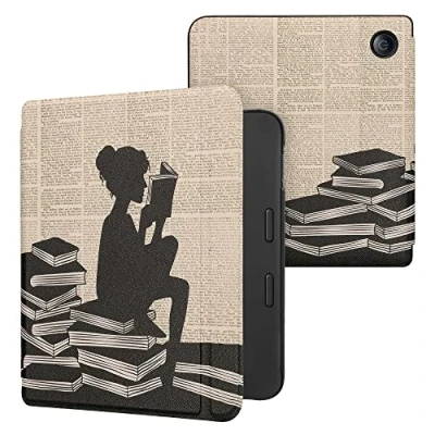 Afbeelding van kwmobile E reader hoesje geschikt voor Tolino Vision 6 hoes flip case met magnetische sluiting Ereader cover Meisje boeken design in zwart / beige