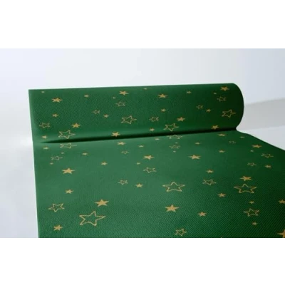 Afbeelding van Sovie HORECA Linclass Airlaid Tafelloper, limoengroen, 40 cm x 24 m, tafelloper Kerstmis, perforatie om de 120 cm, met sterren en ornamenten