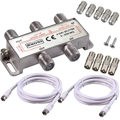 Afbeelding van RUNCCI YUN TV Antenne Splitter 4 weg Satelliet F Type 5 2500MHz met 2* 1,5m coax Kabel x stekker op plug + aansluiting koppeling