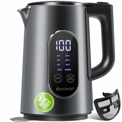 Afbeelding van KESSER® Waterkoker van roestvrij staal, 1,7 liter, led display, 4 modi, temperatuurinstelling 40 C tot 100 C, warm houden 30 minuten, 2200 W, BPA vrij, kalkfilter en Easy Open deksel, antraciet