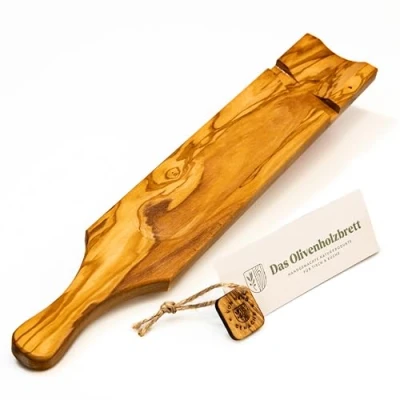 Afbeelding van DAS OLIVENHOLZBRETT® Snijplank van olijfhout, speciaal voor salami en worst/salami snijplank, met snijinkeping, wordsnijplank serveerplank 45 cm x 7
