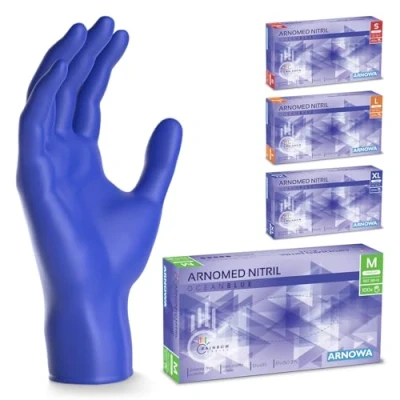 Afbeelding van ARNOMED wegwerphandschoenen donkerblauw, nitril handschoenen M, met 100 stuks per doos, poedervrij. Latexvrije rubber handschoenen, verkrijgbaar in S, L &amp; XL