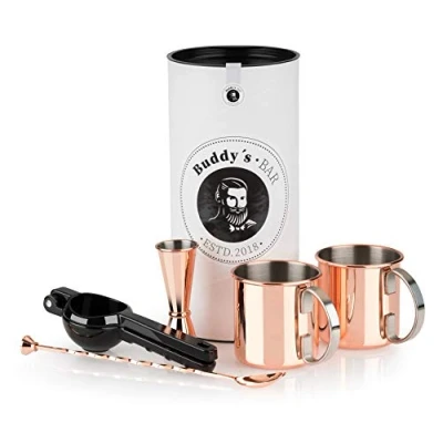 Afbeelding van Buddy&#039;s Bar Moscow Mule complete set, 2 x 500 ml cocktailbeker, 27 cm barlepel, 5 cl barmaat &amp; zwarte limoenpers, geschikt voor levensmiddelen, cocktailkopjes set inclusief geschenkdoos, gepolijst