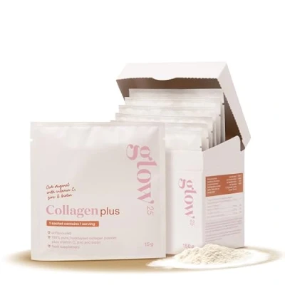 Afbeelding van Glow25® collageen plus sachets [10 stuks] met vitamine C, zink en biotine hoogwaardig collageenhydrolysaat peptiden type 1 3 lost goed op