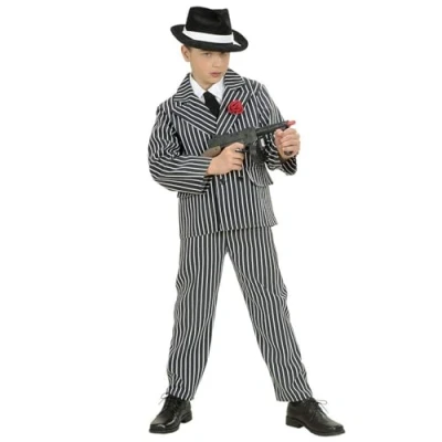Afbeelding van Widmann Maffia Kostuum Gangster Jongen Al Capone Zwart / Wit Maat 164 Carnavalskleding Verkleedkleding