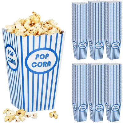 Afbeelding van 144x popcorn bakjes karton herbruikbaar gestreept blauw wit